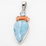 Rare Larimar, Natural Coral & Blue Topaz Statement Pendant in Sterling Silver