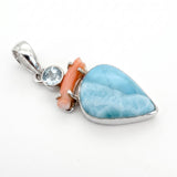 Rare Larimar, Natural Coral & Blue Topaz Statement Pendant in Sterling Silver