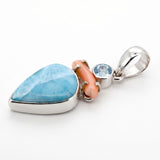 Rare Larimar, Natural Coral & Blue Topaz Statement Pendant in Sterling Silver
