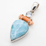 Rare Larimar, Natural Coral & Blue Topaz Statement Pendant in Sterling Silver