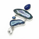 Natural Druzy Agate, Kyanite & Lapis Lazuli Statement Pendant in Sterling Silver