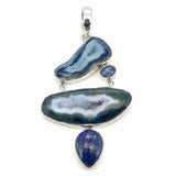 Natural Druzy Agate, Kyanite & Lapis Lazuli Statement Pendant in Sterling Silver
