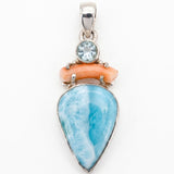 Rare Larimar, Natural Coral & Blue Topaz Statement Pendant in Sterling Silver