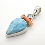 Rare Larimar, Natural Coral & Blue Topaz Statement Pendant in Sterling Silver